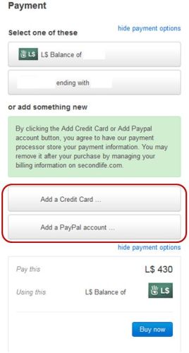 The expanded payment section showing all recorded payment methods and button to add further methods to your account