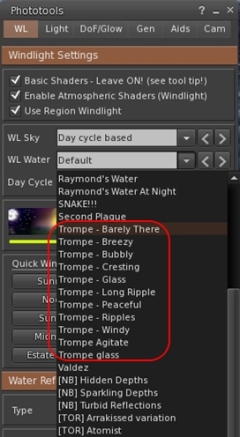 You'll need to restart Firestorm after creating your new water presets in order to see them listed in the WL Water drop-down