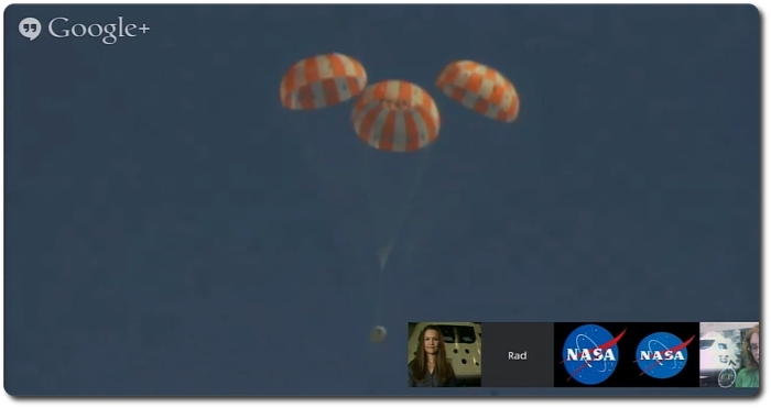A great shot from the recovery ship USS Anchorage, sent via the NASA Google Hangout covering the mission, showing Orion EFT-1 descending under 3 fully deployed main parachutes