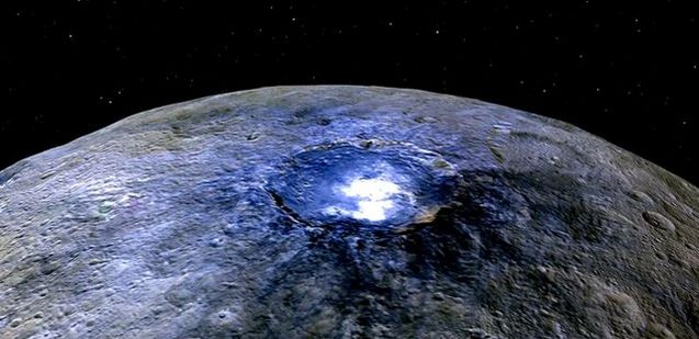 A false-colour representation Occator Crater on Ceres reveals the short wavelength of the bright deposits in the crater, pointing to them being salts. Occator measures about 90 km (60 miles) across