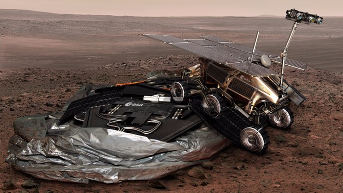 Artist's impression of the ExoMars rover rolling off of its landing platform (credit: ESA)