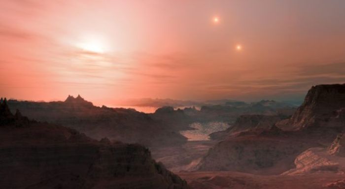 Sunset on an alien world: an artist's impression of sunset on an Earth-like planet orbits our nearest stellar neighbour, Proxima Centauri (seen closest, left), with Alpha Centauri A and B shining in the distance - story below 